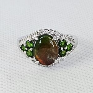 Rare Natural Ammolite & Chrome Diopside Ring in Platinum Overlay. Size 9!